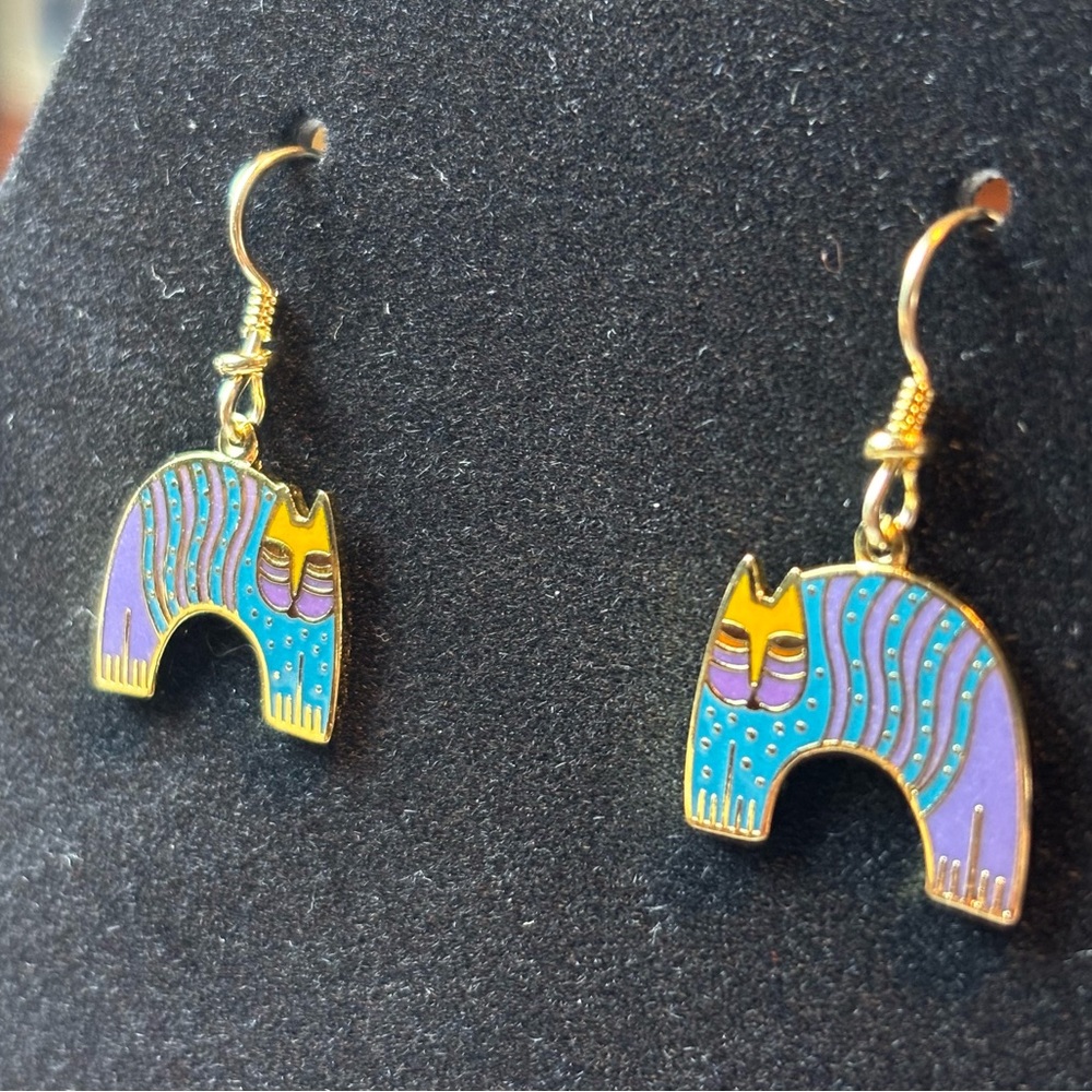 Vintage Laurel Burch Mr. Jio’s Cat Enamel Dangle Cat Earrings, Goldtone VTG Cats - Picture 15 of 16